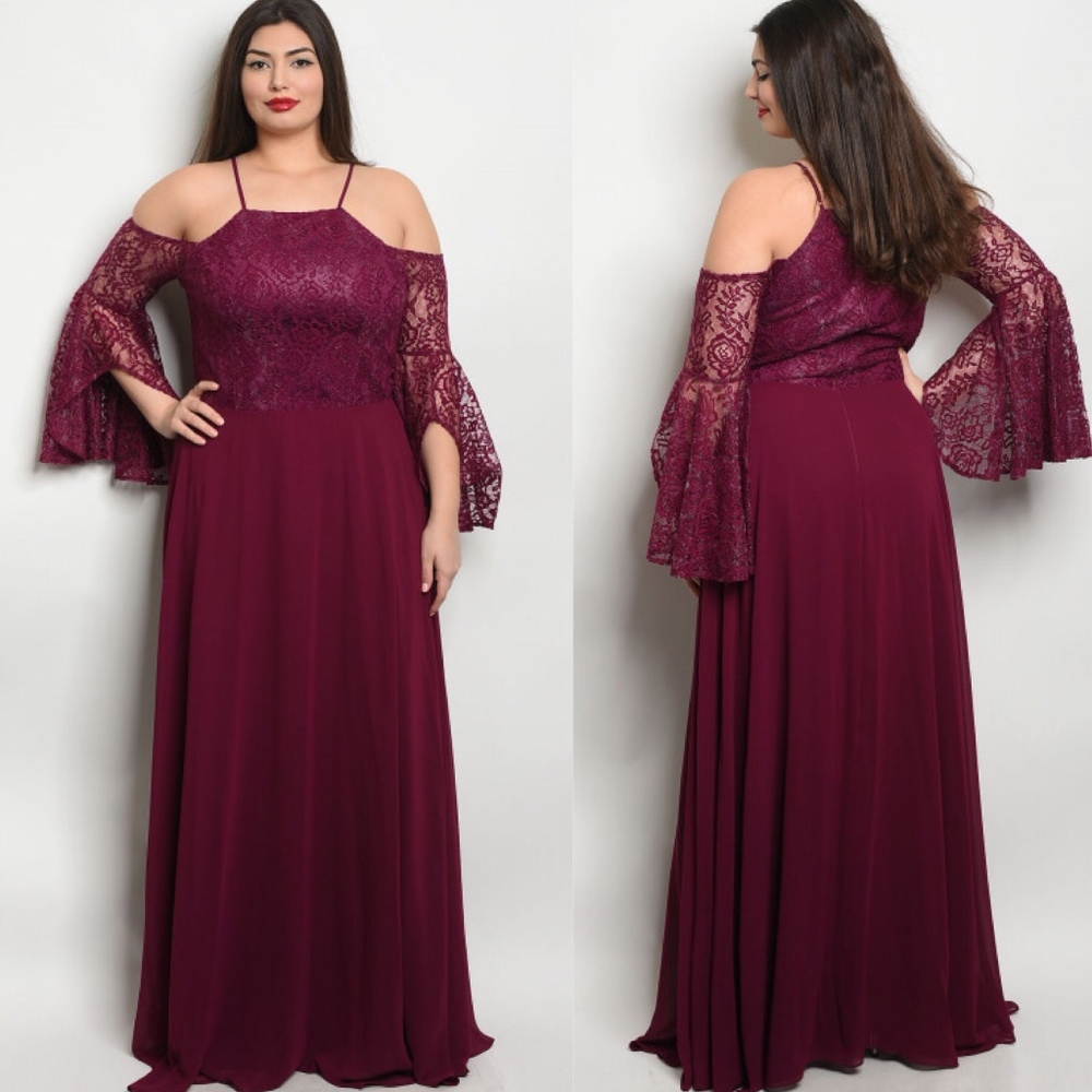 Plus Size Plum Lace Bell Sleeve Formal Gown Dress